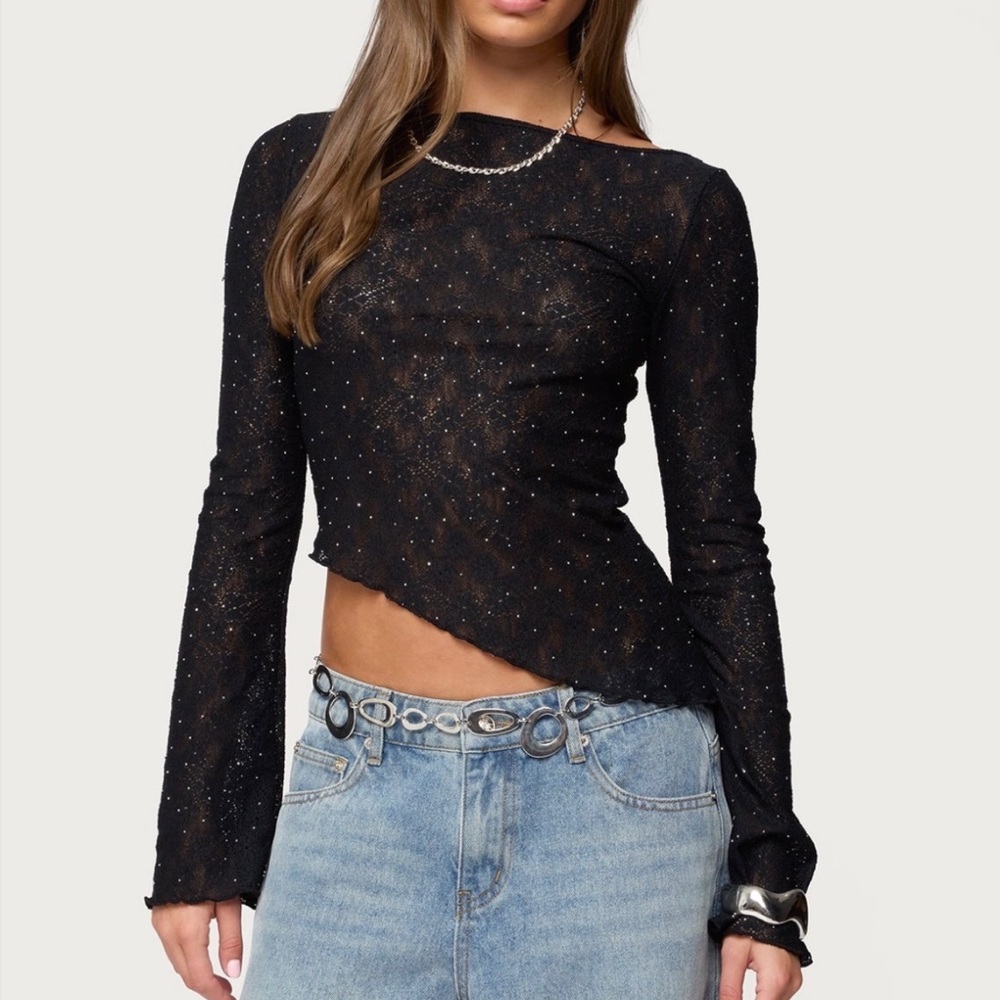 Edikted Black Sparkle Sheer Asymmetrical Long Sleeve Tops